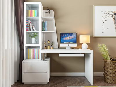 White Desk With iMac Computer Table Lamp Colorful Bookshelf And Green Plant 3d model