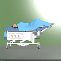 Medical Stretcher Trolley with Patient Lying on Blue Blanket and Movable Wheels