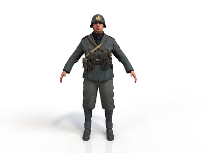 Military Soldier Character In Classic Uniform With Helmet And Ammunition Belts 3d model