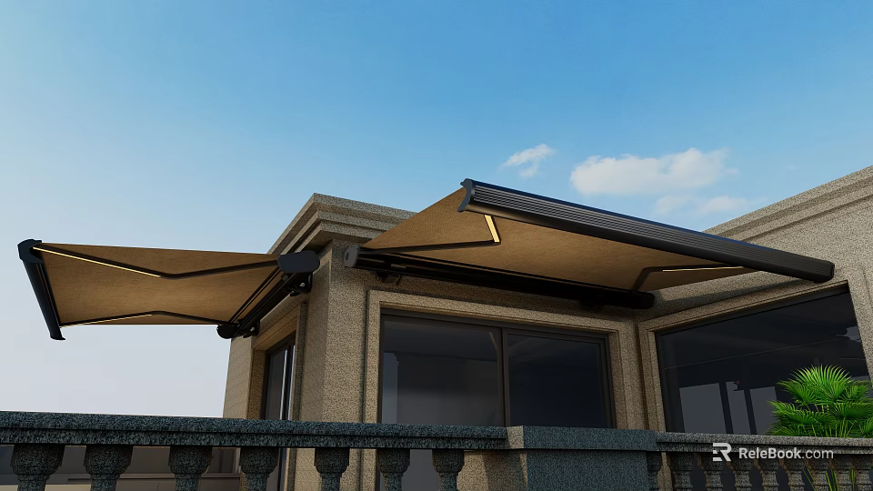 Brown Awnings Installed On Building Exterior Balcony With Railing And Windows Under Blue Sky 3d model 
