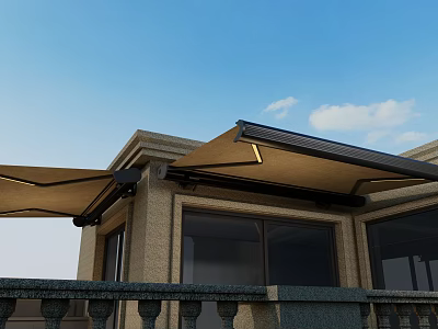 Brown Awnings Installed On Building Exterior Balcony With Railing And Windows Under Blue Sky 3d model