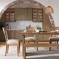 Rustic Wooden Dining Table Set With Chairs Bench Kitchen Cabinets Arch And Hanging Lamp