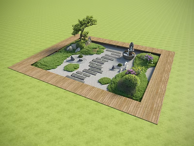 Micro Terrain Garden Design with Tree Stones Pathway Fountain and Wooden Border 3d model