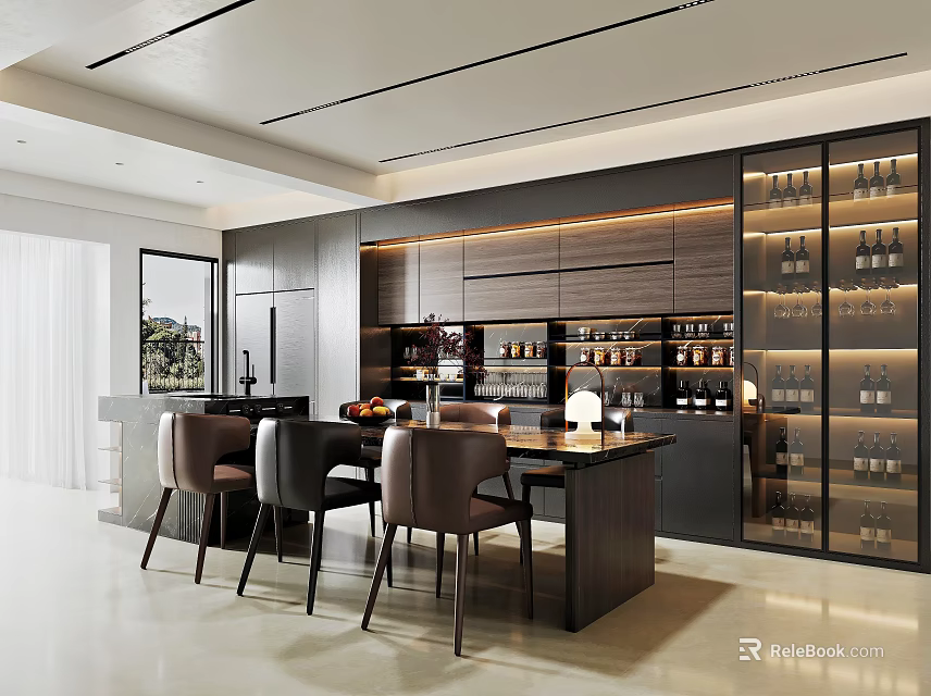 Modern Restaurant Interior Featuring Dining Table Chairs Wine Racks And Wooden Cabinets 3d model 