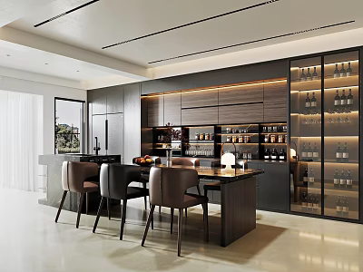 Modern Restaurant Interior Featuring Dining Table Chairs Wine Racks And Wooden Cabinets 3d model