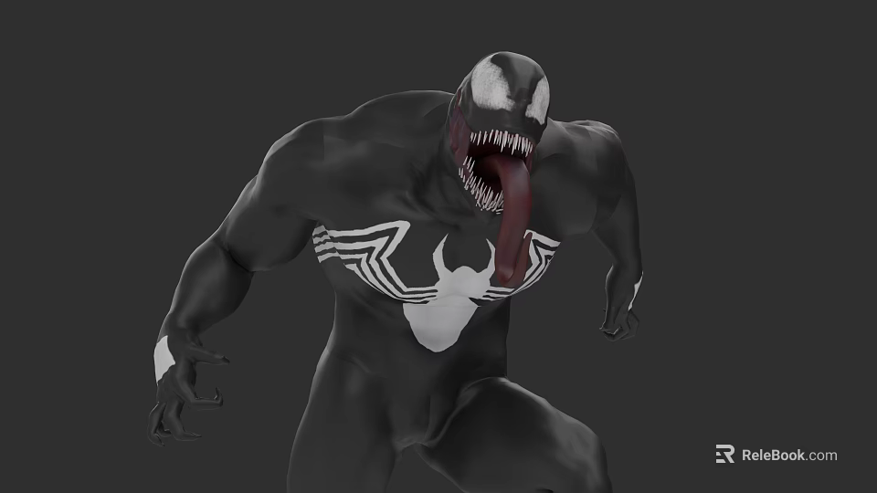 Venom Game Movie Character With Black Symbiote White Spider Symbol Sharp Teeth And Long Tongue 3d model 