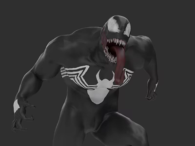 Venom Game Movie Character With Black Symbiote White Spider Symbol Sharp Teeth And Long Tongue 3d model