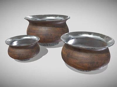 Three Wooden Ceramic Vessels With Silver Rimmed Open Tops And Textured Bodies 3d model