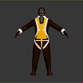 Detailed 3D Game and Movie Character With Brown Outfit Yellow Vest and White Straps