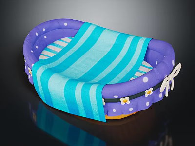 Purple Pet Bed With White Polka Dots Blue Striped Cushion And Flower Decorations 3d model