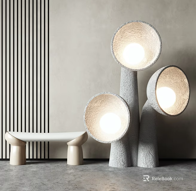 Modern Textured Floor Lamps With Round Lampshades And Bench By Striped Wall 3d model 