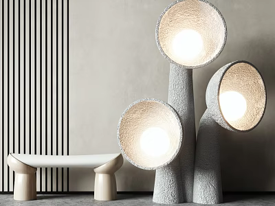 Modern Textured Floor Lamps With Round Lampshades And Bench By Striped Wall 3d model