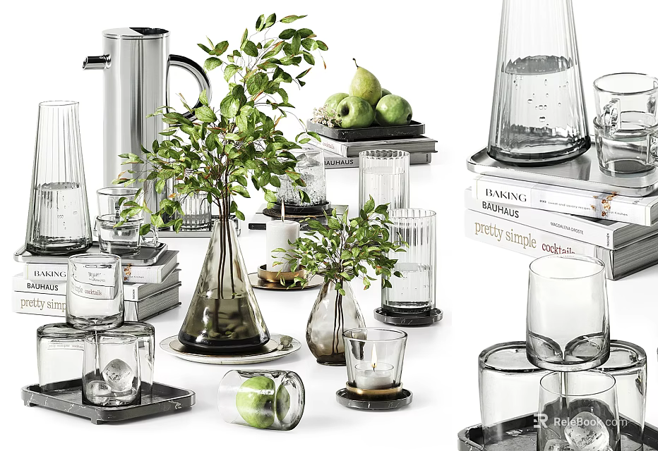 Stylish Decorative Ornament Set with Glassware Green Plants Pears Books and Trays 3d model 