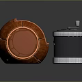 Orange Glowing Wooden Round Container And Black Cylindrical Household Storage With Silver Lid Lock Design
