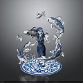 Blue and White Sculpture With Central Figure Surrounding Fish And Circular Patterned Base