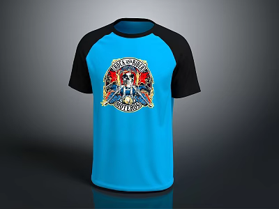 Casual T-shirt with Blue Body and Black Raglan Sleeves Featuring Vibrant Skull Graphic Design 3d model