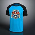 Casual T-shirt with Blue Body and Black Raglan Sleeves Featuring Vibrant Skull Graphic Design