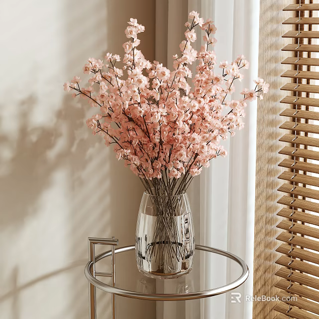 Transparent Glass Vase With Pink Cherry Blossoms On Small Round Metal Table Near Wooden Blinds 3d model 