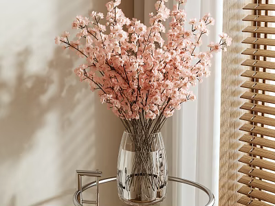 Transparent Glass Vase With Pink Cherry Blossoms On Small Round Metal Table Near Wooden Blinds 3d model