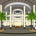 Spacious Lobby Interior With Circular Glass Dome White Columns Palm Trees And Marble Floor