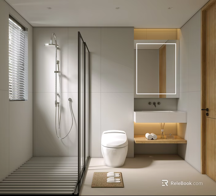 Modern Bathroom Interior With Glass Shower Enclosure Toilet Vanity Mirror And Window Blinds 3d model 