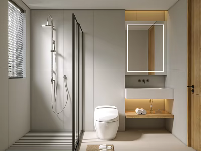 Modern Bathroom Interior With Glass Shower Enclosure Toilet Vanity Mirror And Window Blinds 3d model