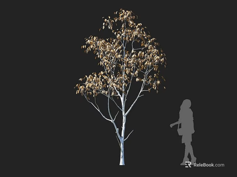 Golden Leaf Tree With White Trunk And Human Silhouette In Dark Background 3d model 