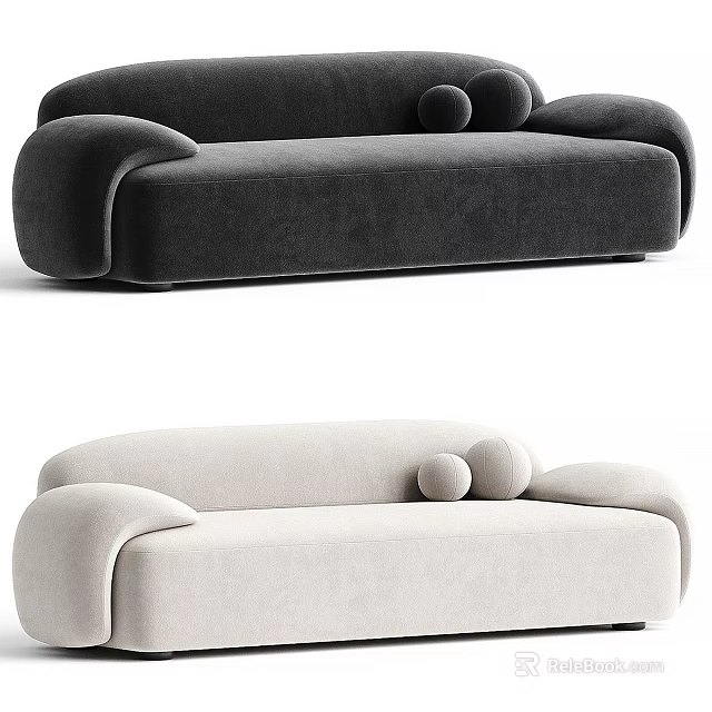 Modern Black and Beige Sectional Sofa with Rounded Armrests and Soft Velvet Cushions 3d model 