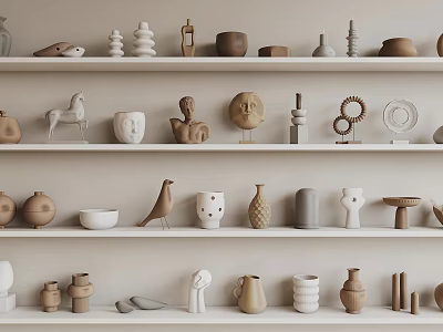 Neutral Toned Decorative Ornament Set on Shelves with Various Sculptures Vases and Animal Figures 3d model