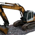 Yellow Liebherr Crawler Excavator With Front Bucket Working In Construction Debris Site