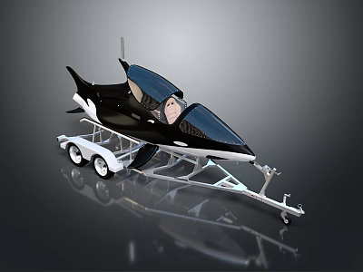 Modern Black Streamlined Jet Boat With Transparent Canopy And Silver Trailer 3d model