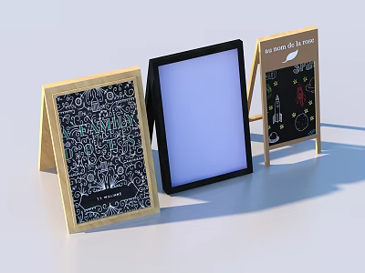 Wooden And Black Frame Display Stands Featuring Illuminated Screen And Artwork Design 3d model