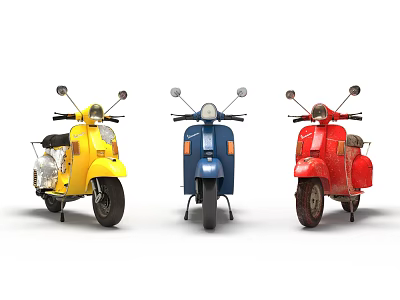 Three Classic Yellow Blue and Red Motorcycles in Vintage Design 3d model