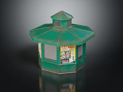 Green Octagonal Kiosk with Sloped Roof and Poster Covered Windows 3d model