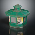 Green Octagonal Kiosk with Sloped Roof and Poster Covered Windows