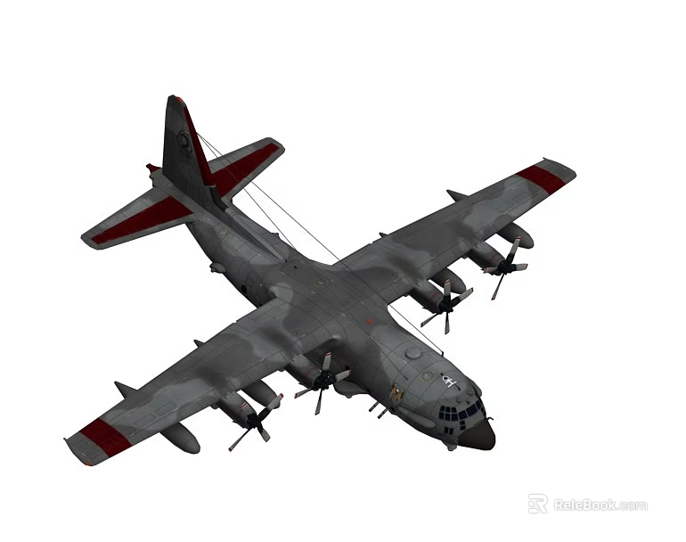 Fighter Jet With Camouflage Gray Body Four Propellers And Red White Wing Stripes 3d model 