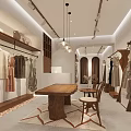 Modern Clothing Store Interior With Hanging Apparel Display Racks And Wooden Table Chairs