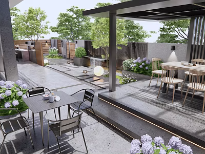 Elegant Courtyard Garden With Outdoor Dining Table Chairs Lilac Flowers Green Plants And Pergola 3d model