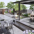 Elegant Courtyard Garden With Outdoor Dining Table Chairs Lilac Flowers Green Plants And Pergola