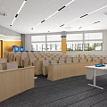 Modern Conference Room Interior With Large Screen Wooden Walls Row Seats And Ceiling Lights