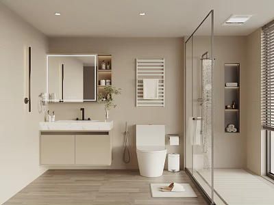 Modern Bathroom Interior With Vanity Mirror Toilet Glass Shower And Storage Cabinets 3d model