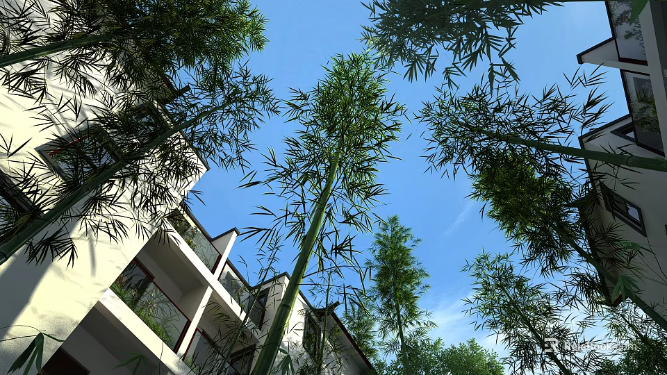 Public Facility With Tall Bamboo Plants White Building Balcony Windows And Blue Sky 3d model 