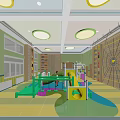 Children's Indoor Play Area With Colorful Ceiling Yellow Slide And Climbing Walls