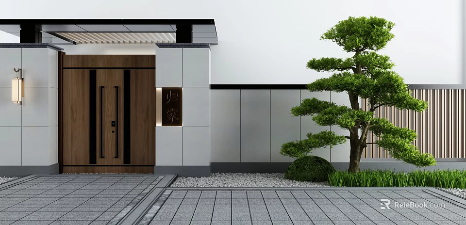 Modern Entrance Gate Design With Wooden Door Gray Walls Pine Tree And Stone Paving 3d model 