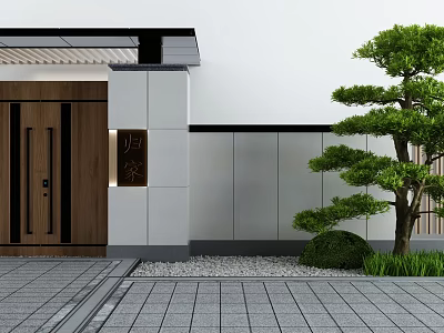 Modern Entrance Gate Design With Wooden Door Gray Walls Pine Tree And Stone Paving 3d model