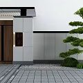 Modern Entrance Gate Design With Wooden Door Gray Walls Pine Tree And Stone Paving