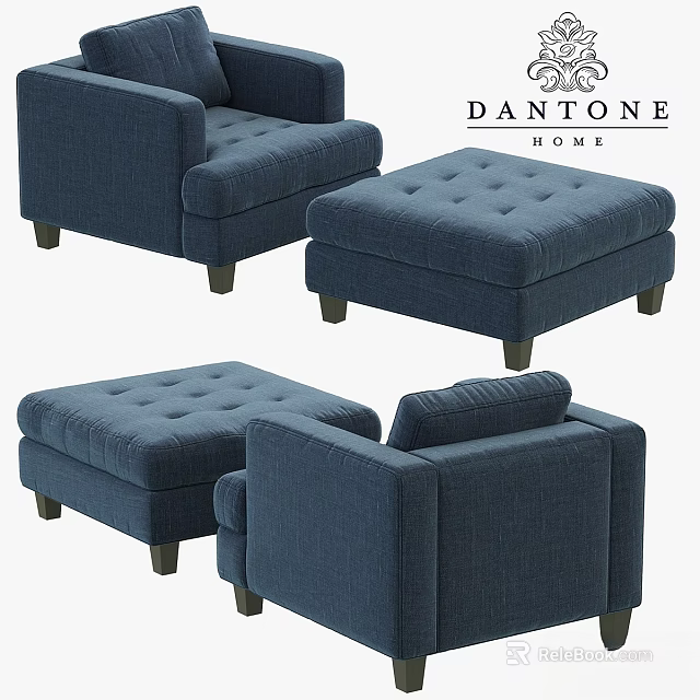 Navy Blue Tufted Accent Chair with Ottoman Upholstered Lounge Seating for Modern Home Interiors 3d model 