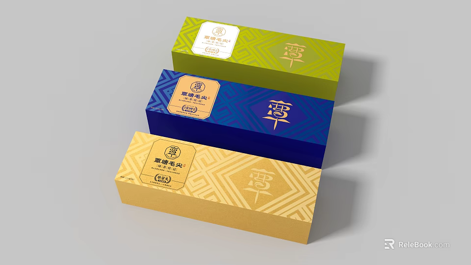 Elegant Premium Gift Boxes With Traditional Patterns In Gold Blue Green Colors 3d model 