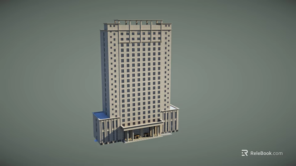 Tall Office Building With Modern Exterior Design Numerous Windows And Columned Base 3d model 