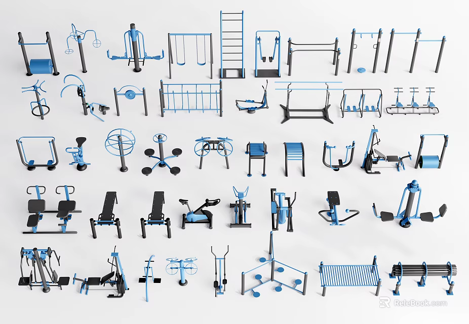 Various Kinds of Fitness Equipment for Home and Gym Training Workouts 3d model 